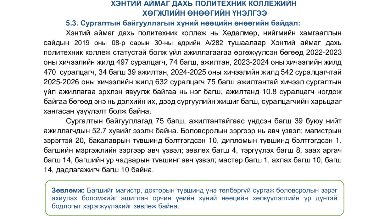 ХЭНТИЙ АЙМАГ ДАХЬ ПОЛИТЕХНИК КОЛЛЕЖИЙН ХӨГЖЛИЙН ӨНӨӨГИЙН ҮНЭЛГЭЭ